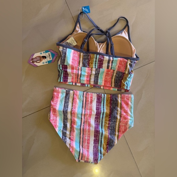 Free Country Striped Retro Bikini Swimsuit front High Waist High Cut Legs S-4/6 - Picture 13 of 14